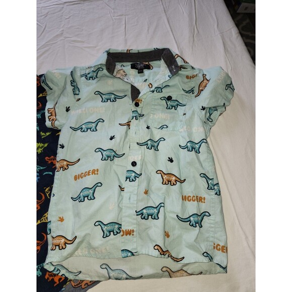 Eighty Eight Set of 2 Boys Dinosaur Print Collared Dress Shirt Blue Teel 5/6 - Picture 2 of 5
